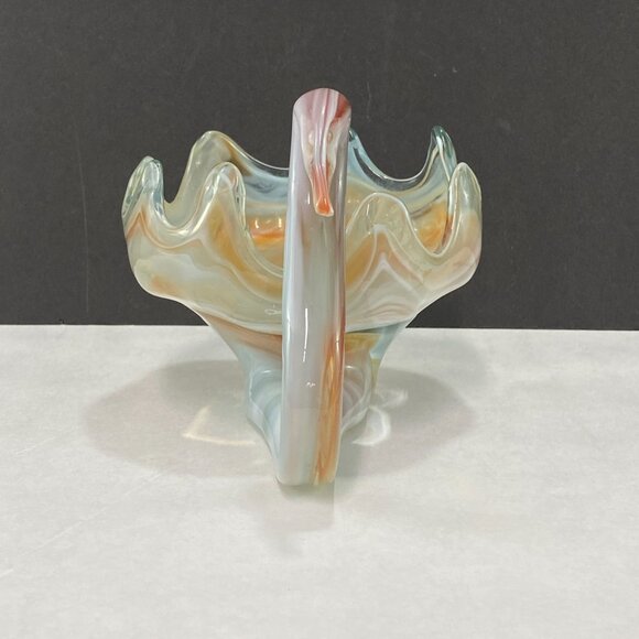 Vintage Blown Art Glass Swan Bowl Sooner Style Orange White - Picture 4 of 10